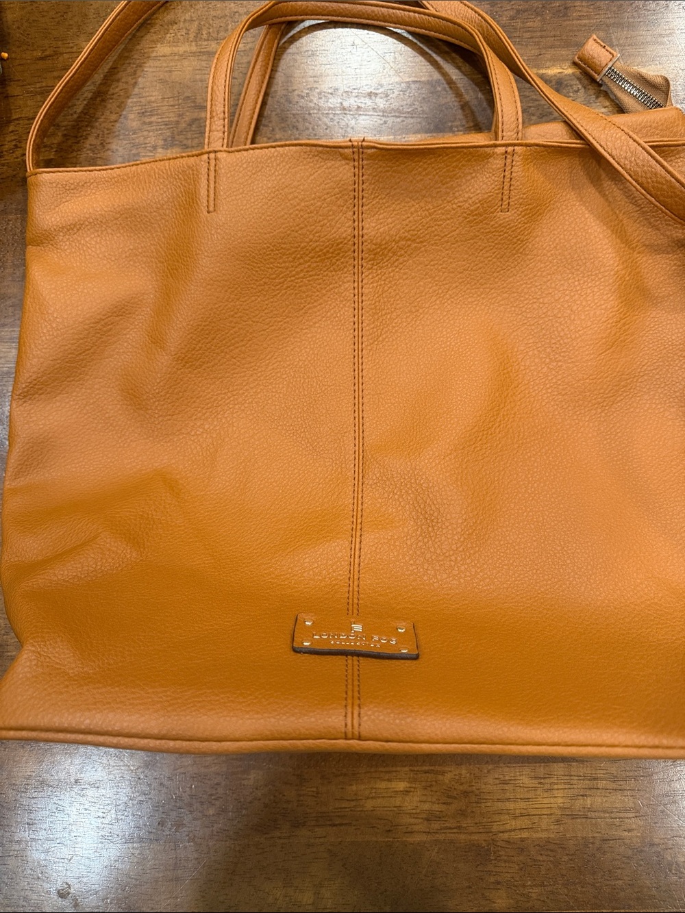 London Fog Caramel Tan Leather Tote with Logo Plaque